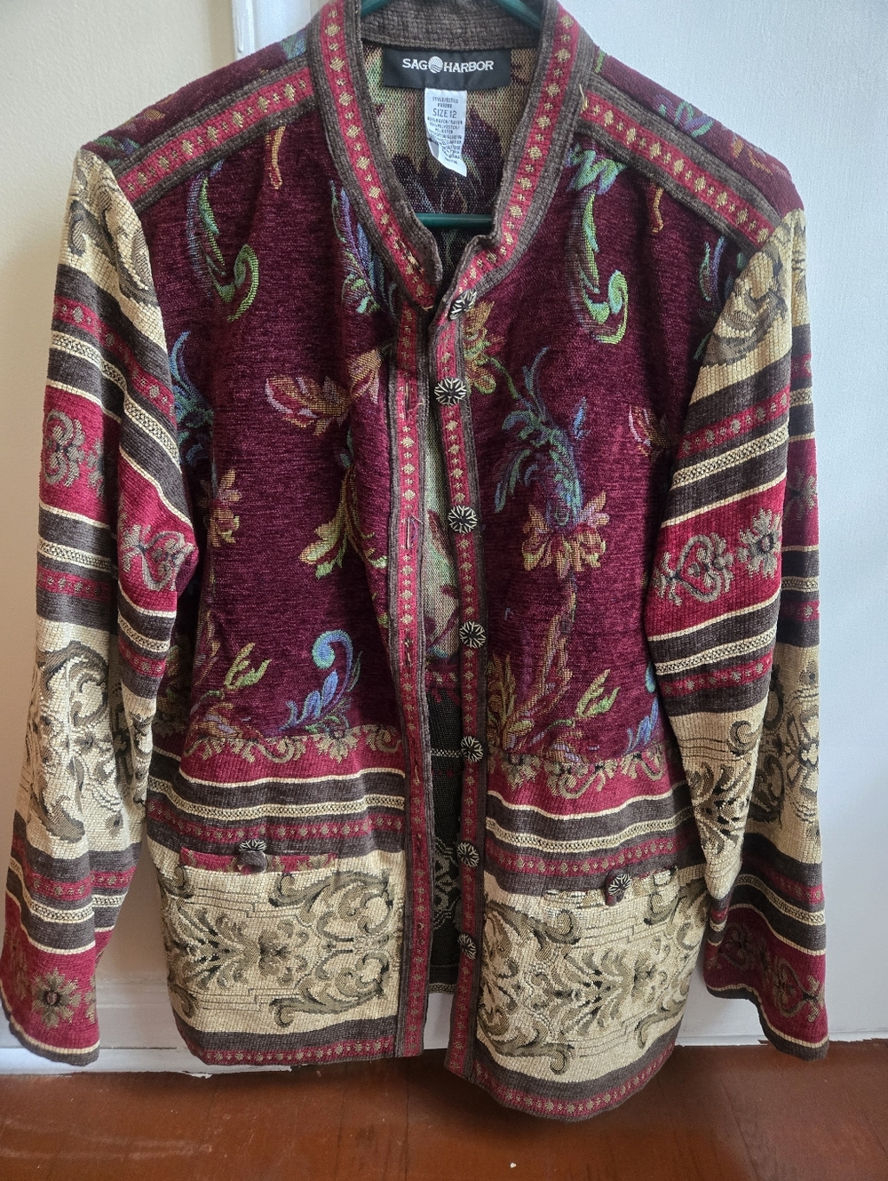Sag Harbor Burgundy Floral Tapestry Cardigan